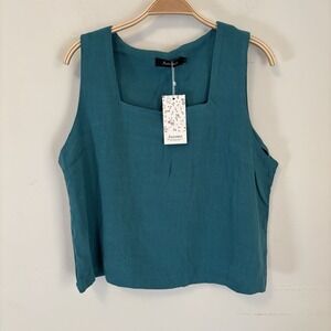 NEW Automet Women's Cropped Tank Top‎ Green Teal Size L Square Neck Quiet Luxury